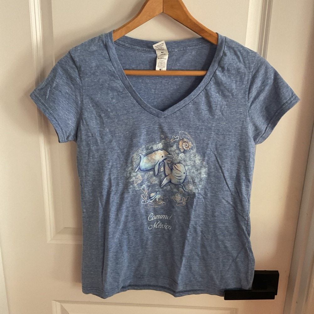 Optima - V-neck Short Sleeve Shirt - Blue - Ladies Size Medium